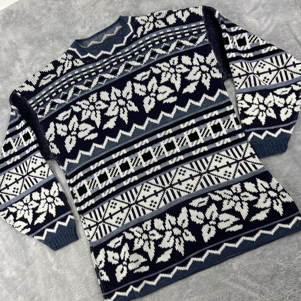 Vintage Dana Scott Sweater Medium Nordic Inspired Blues Fisherman Tunic Length